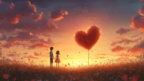 Two figures hold hands beneath giant heart-shaped balloon in golden sunset field.