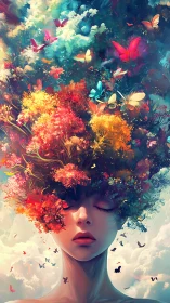 Dreamlike female portrait merges florals, butterflies, and sky
