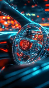 Digital wireframe steering wheel overlays modern car interior