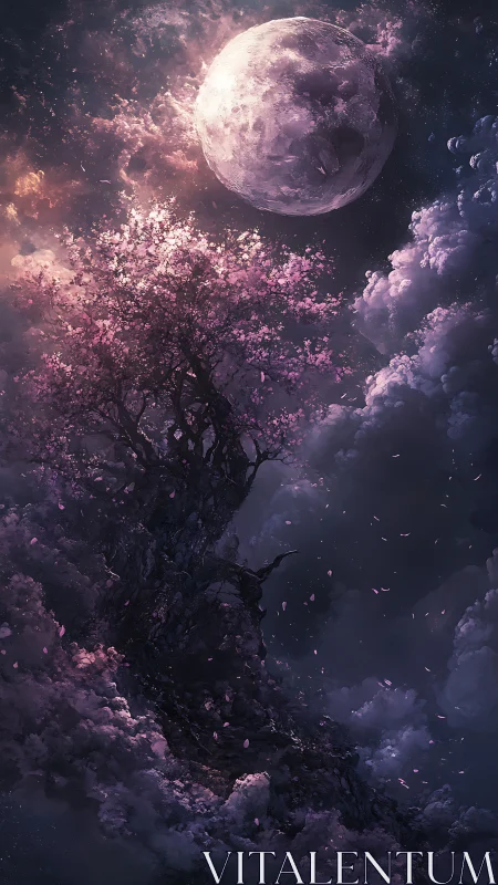 Lunar-illuminated sakura spire embedded in nebular cloudscape.