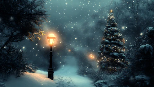 Snowy night path with lit streetlamp and Christmas tree.