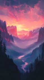 Digitally rendered river valley between stylized mountains.