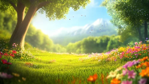 Sunlit wildflower meadow under distant snowcapped mountains.