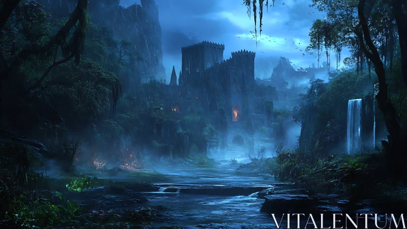 Ancient fortress rises over misty river in eerie moonlit blue