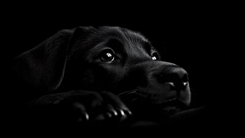 Soft-eyed black dog glows gently against deep shadows