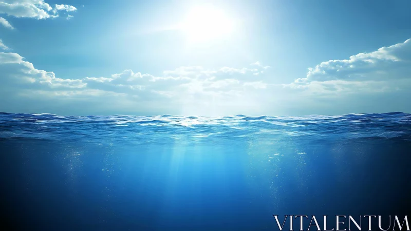 Sunlit ocean surface divides bright sky and deep blue water.