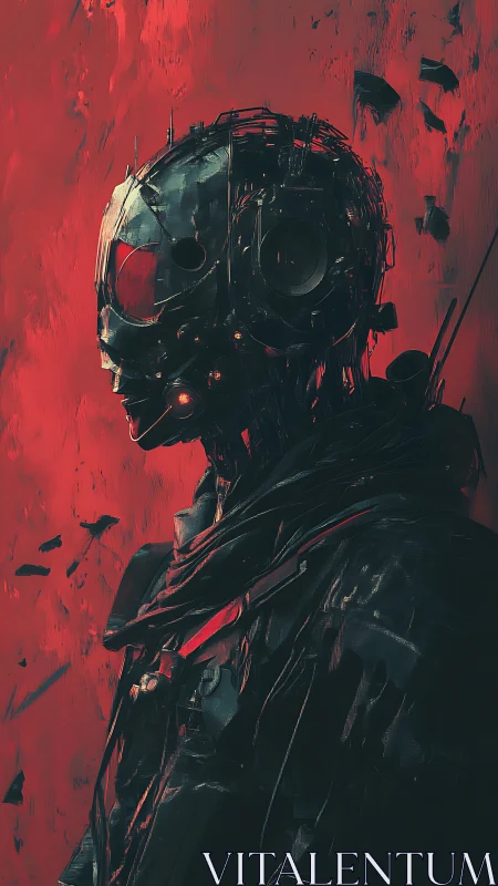 Cybernetic warrior profile against harsh red backdrop.