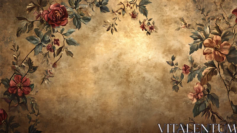 Gilded wall blooms cradle a dusky garden of vintage roses.