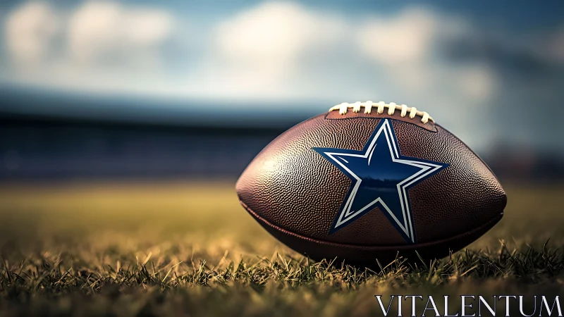 Close-up of branded football lying on outdoor field turf.