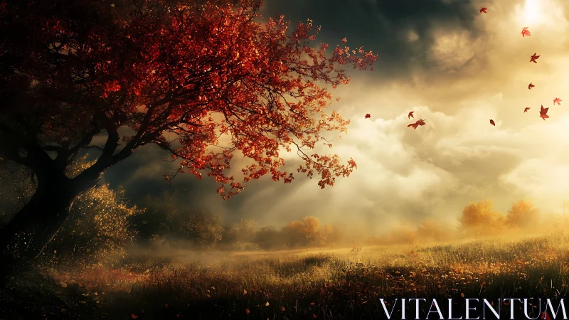 Autumn canopy and volumetric light over misted meadow field.