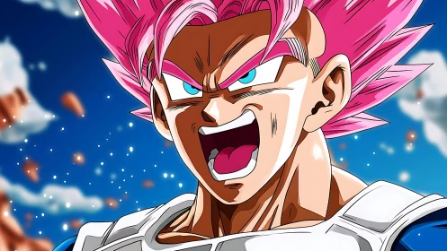 Pink-haired anime warrior in high-intensity battle close-up.