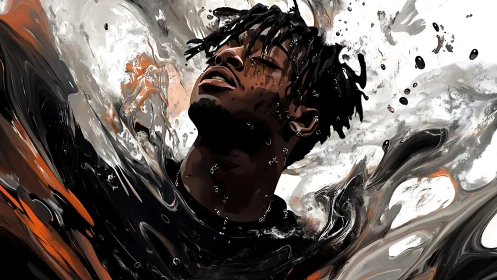 Expressive portrait in swirling monochrome and orange liquid abstraction