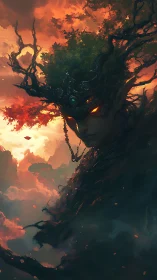 Tree spirit with glowing eyes emerges from stormy clouds