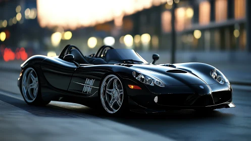 Sleek black roadster glows against a blurred city sunset