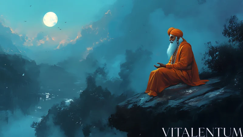 Meditative sage in saffron robes overlooking a moonlit valley