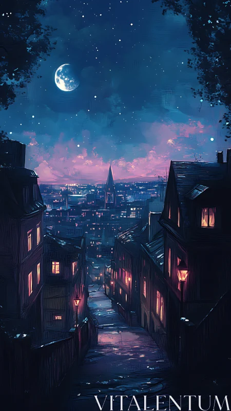 Moonlit hilltop alley descends into glittering dream city.
