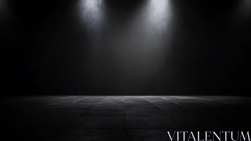 Empty dark room with tiled floor and overhead spotlights.