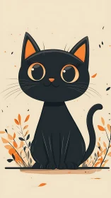 Charming black cat with golden eyes among autumn leaves