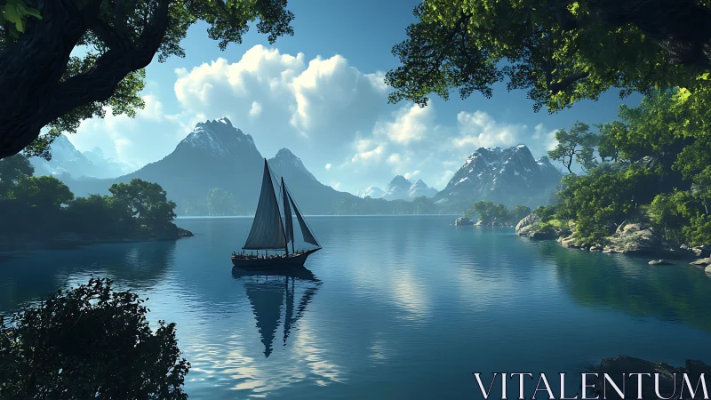 Procedural alpine lake vista with single-mast sail vessel.