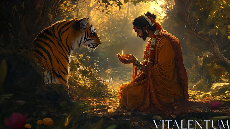 Forest mystic sharing lamplight with a watching tiger spirit.