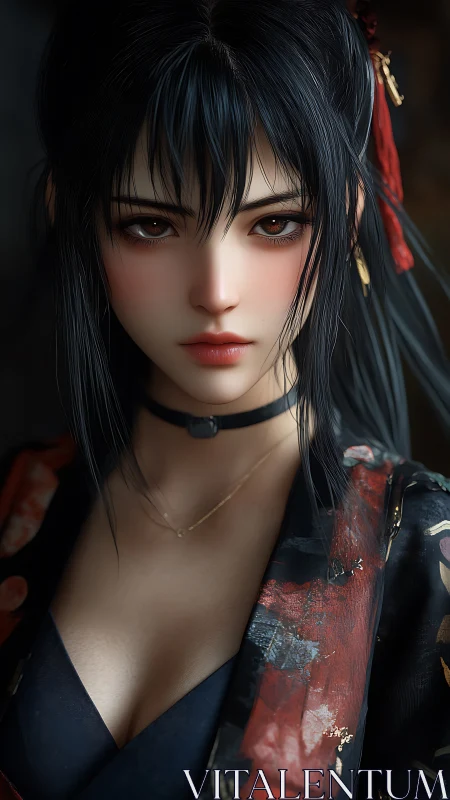 Digital portrait shows dark haired woman in patterned robe