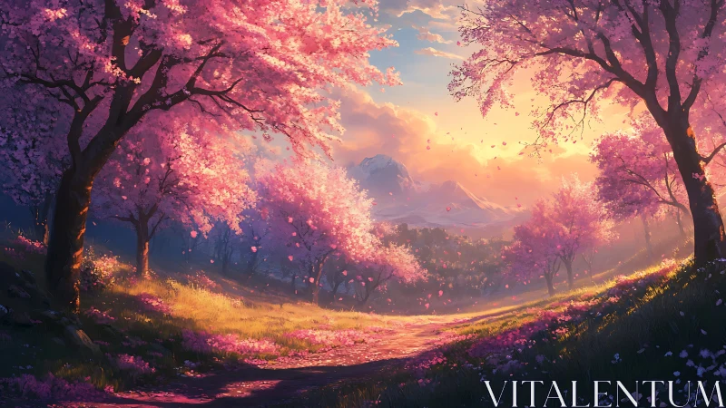 Sunlit cherry blossom path leading toward distant mountains.