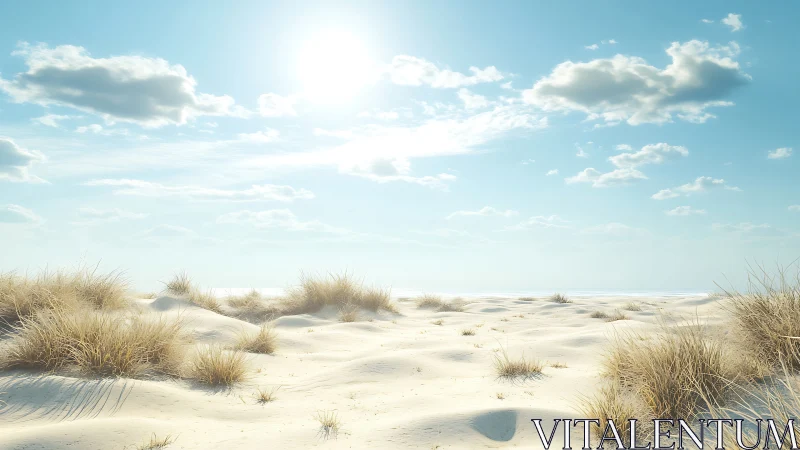 Sunlit coastal dunes convey atmospheric depth and luminous calm