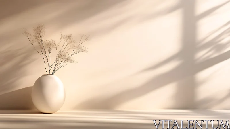 White ceramic vase with dry stems on sunlit neutral wall.