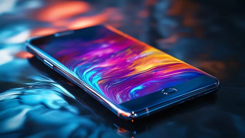 Photorealistic smartphone on liquid-reflective neon surface.
