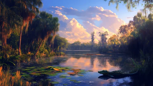 Sunlit swamp lagoon with alligator and glowing clouds.