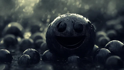 Smiling black sphere with raindrops sits among wet spheres