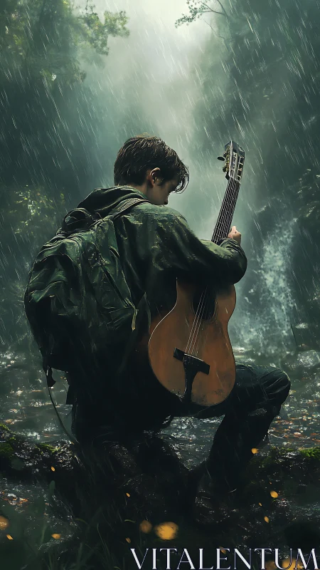 Lone guitarist kneels in stormlit forest waterfall rain