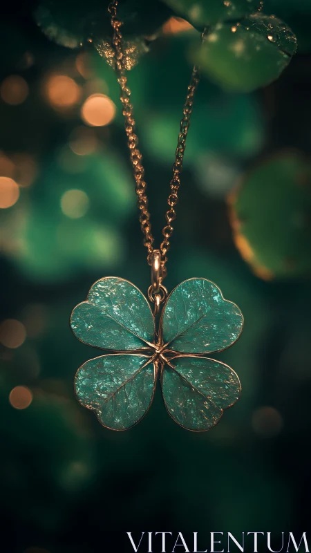 Four-leaf clover pendant glows softly against bokeh background.