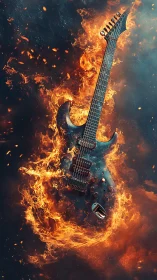 Electric guitar engulfed in flames against dark atmospheric background