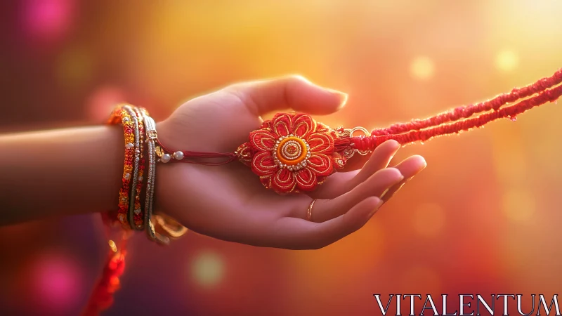 Hand holding ornamental textile pendant in warm lighting.