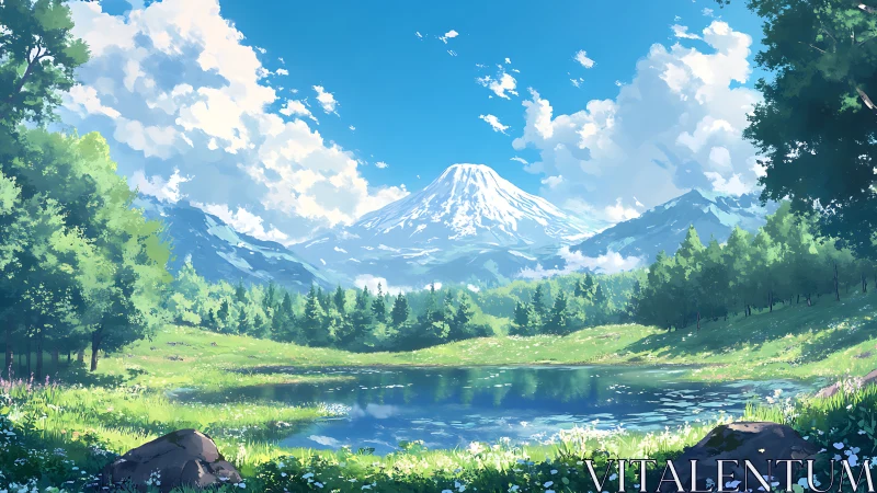 Sunlit alpine lake rests beneath a distant snow-capped peak