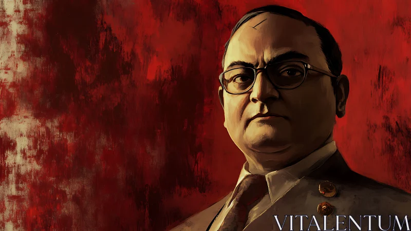 Stoic bespectacled leader before bold scarlet backdrop.