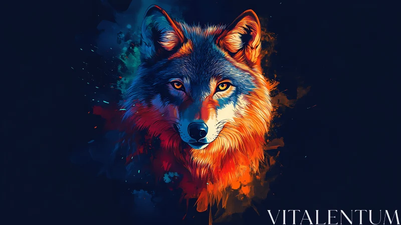 Chromatic wolf portrait with dual-tone neon abstract splatter