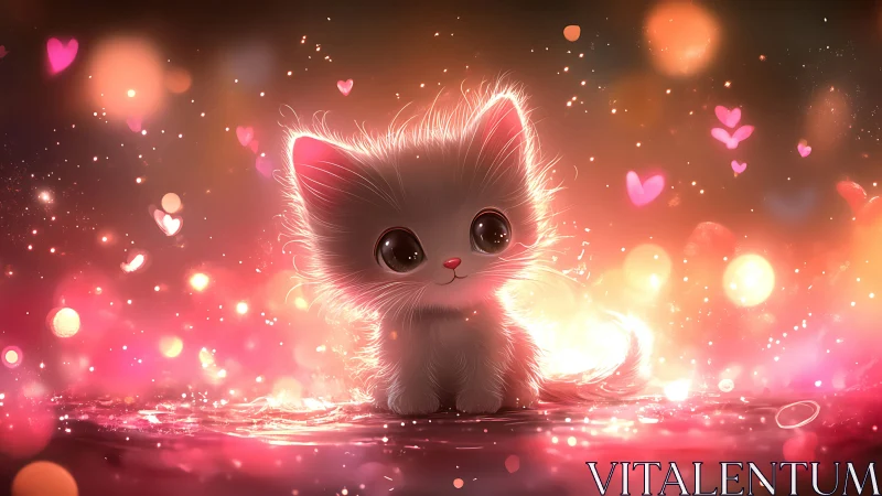 Illuminated white kitten surrounded by glowing hearts and bokeh lights.