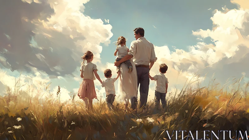 Family group standing in golden field under cloud-filled sky.