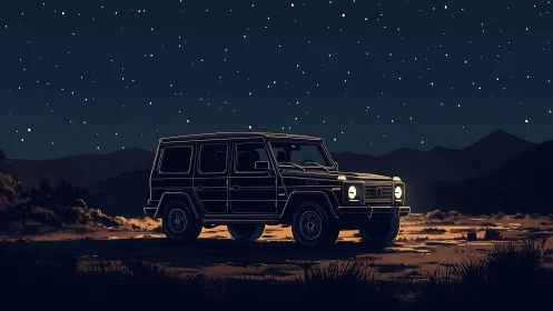 Boxy offroad SUV rests under clear starry desert sky.