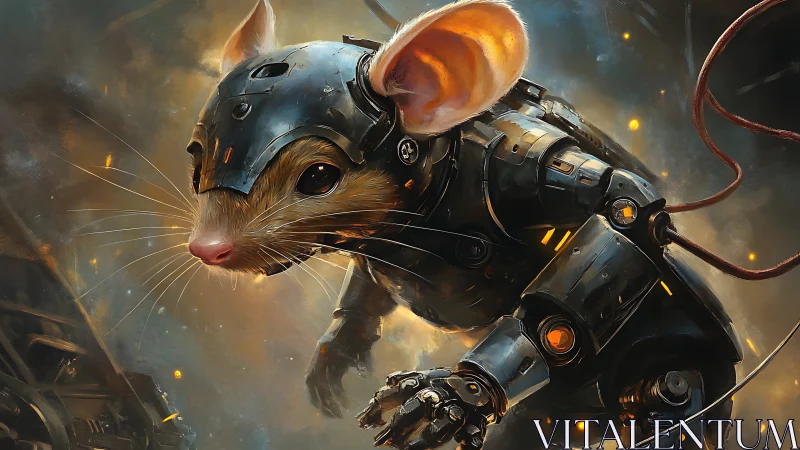 Cybernetic mouse warrior prowls molten industrial ruin.