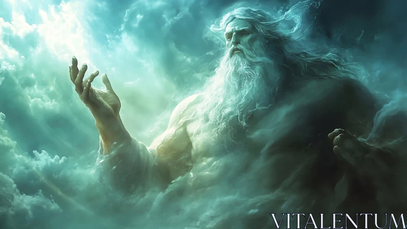Colossal storm god emerging from luminous teal clouds.