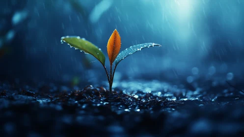 Tiny sprout shines with calm strength in soft evening rain