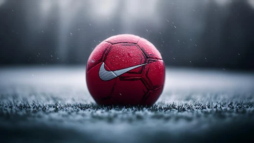 Red soccer ball rests on wet frosty pitch under snowfall