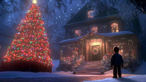 Child’s quiet wonder before a glowing Christmas doorstep.