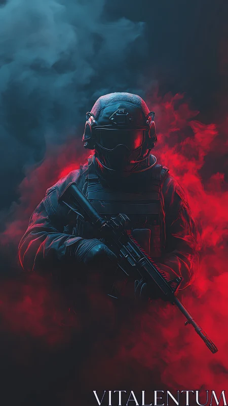 Armored tactical operator framed by dual-tone combat smoke