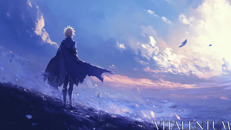 Lone cloaked figure stands on cliff under vast blue sky.