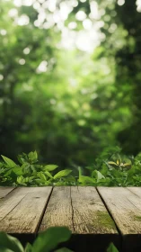 Wooden Table Overlooking Garden with Bokeh Canopy.