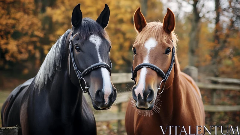 Two bridled horses standing in autumn woodland paddock.